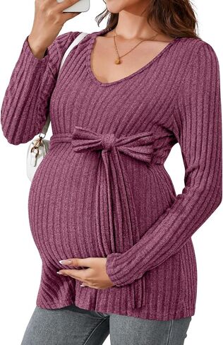 Ficerd Women's Maternity Shirts, Long Sleeve Pregnancy Tops Casual V Neck Brushed Ribbed Knit Tunic Blouses Pregnant Clothes in Saudi Arabia