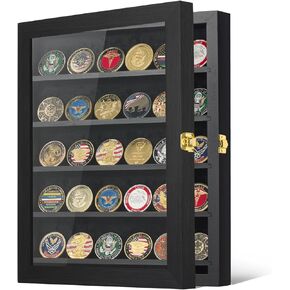 Kacorn Coin Display Case 11"x14" with LED Challenge Military Coin Holder Wooden American Flag Medal Poker Chip Wall Cabinet Decor Gift for Collector, Grandfathers, Fathers, Comrade-in-arms