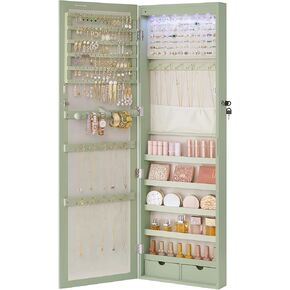 SONGMICS 6 LEDs Mirror Jewelry Cabinet, 47.2-Inch Tall Lockable Wall or Door Mounted Jewelry Armoire Organizer with Mirror, 2 Drawers, 3.9 x 14.6 x 47.2 Inches, White UJJC93W