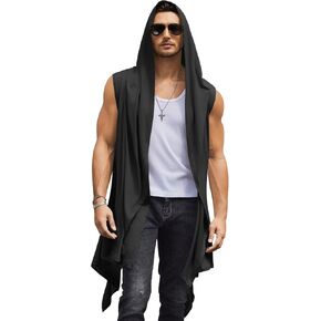 COOFANDY Men's Long Hooded Cardigan Sleeveless Ruffle Shawl Collar Lightweight Open Front Drape Kimono Vest in Saudi Arabia