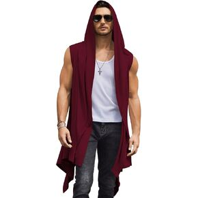 COOFANDY Men's Long Hooded Cardigan Sleeveless Ruffle Shawl Collar Lightweight Open Front Drape Kimono Vest