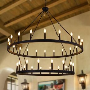 Wellmet Large Dining Room Chandelier, Black 2 Tier Wagon Wheel Vintage Chandelier, Farmhouse Round High Ceiling Light Fixture, Industrial Pendant Light Fixture, Hallway Chandelier, 50 Inch Dia