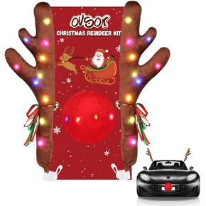 Christmas Reindeer Car Kit - Car Reindeer Antlers & Nose for Car Decorations, Sturdy Rudolph Reindeer Antler with LED, Jingle Bells, Car Reindeer Antlers for Any Vehicle Decorations