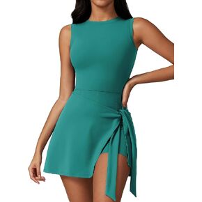 ATTRACO Womens High Neck Tennis Dress Workout Rompers Wrap Skirt Built in Bra Golf Athletic Dress