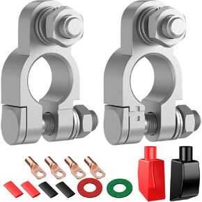 Battery Terminal Connectors Kit, Heavy Duty Battery Terminal Positive Negative Auto Car Marine, with 4 Pcs 2 Gauge 3/8" Copper Lugs, 4 Heatshrink tubes, 2 Terminal Covers and 2 Anti Corrosion Washers