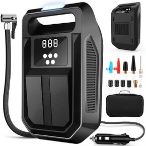 FBK Tire Inflator Portable Air Compressor Tire Air Pump for Car Tires - Car Accessories, 12V DC Auto Pump with Digital Pressure Gauge, Emergency LED Light for Bicycle, Motorcycle, Balloons, Black