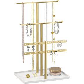 Jewelry Stand Organizer for Necklace Earring - 12.5" Sturdy Metal, 3-TierJewelry Holder for Bracelet, Ring Display and Storage, Gold