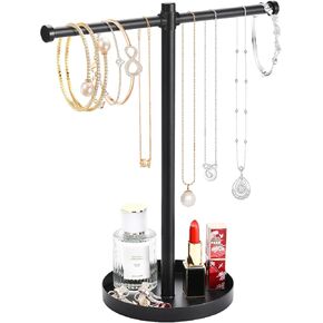 Jewelry Necklace Organizer Stand,12.9" Tall Sturdy Metal Jewelry Stand with Round Tray for Bracelet Bangles Holder Display,Long Necklace Organizer Holder (black)