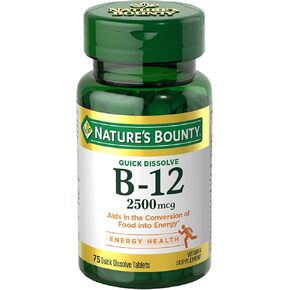 Nature’s Bounty Vitamin B12 2500 mcg, Cellular Energy Support, For Energy Metabolism, Heart & Nervous System Health, 75 Quick Dissolve Tablets