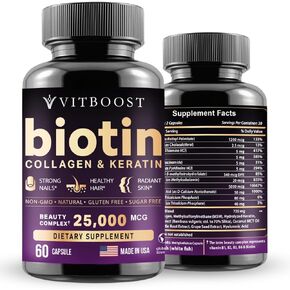 Biotin with Hyaluronic Acid, Collagen and Keratin – 25000 mcg Hair Growth Vitamins for Men and Women – Nails and Skin, USA Made - Third Party Tested, B1, B2, B3, B6, B7 Complex - 60 Capsules