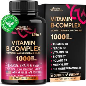 Vitamin B Complex for Men & Women - Made in USA - B-Complex: B1, B2, B3, B5, B6, B7, B8, B9, B12 with Vitamin C, Choline, Inositol - Energy, Brain & Heart Support Supplement, 120 Vegan Capsules