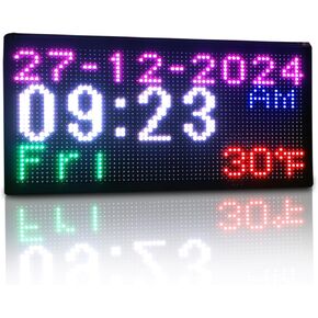 Large Digital Wall Clock with Date and Temperature Double-Sided Display, LED 9 x 19 Inch Waterproof Rectangular Outdoor Digital Clock, Full Color Hanging Clock for Gym, Garage, Office