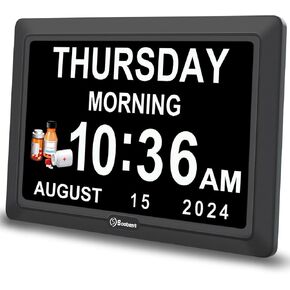 Soobest Digital Dementia Alarm Clock Large Display for Seniors, Plug in Electric Date Day of Week Calendar Clock 12 Alarms 3 Ringtones for Elderly Memory Loss Alzheimer’s, Auto DST (7" Black)
