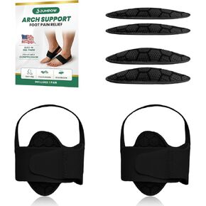 JUMPOW Arch Support Braces Sleeves for Plantar Fasciitis Relief - Adjustable Non-Slip Arch Wraps with 2 Different Heights Gel Pads for High & Fallen Arch, Feet Pain Relief, Flat Feet(Pair, Black)