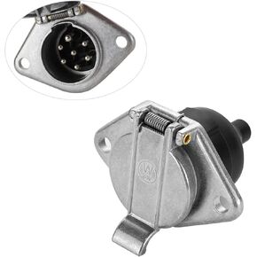 7-Pin Round Vehicle-Side Female-End Socket Replacement SAE J560 Style, Die-Cast Zinc Housing 7-Way Round Electrical Connector, Semi Truck Trailer Wiring Harness Car End - Sliver