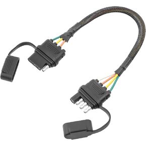 Oyviny 4 Pin Flat Trailer Extension 12 inch, Vehicle-Side and Trailer-Side 4 Way Connector with Rubber Dust Cover 16 AWG Pure Copper Wire Loom Tubing Protection, 4 Flat Trailer Wire Extension
