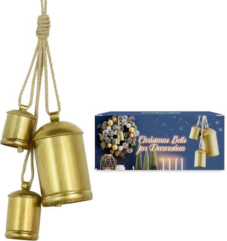 Christmas Bells, Vuskly Gold Bells Metal Hanging Bells with Jute Hanging Rope,Gold Bells for Christmas Decorations Perfect for Christmas Tree Wearth Door Decoration,4",6",8" H,Gold in Kuwait