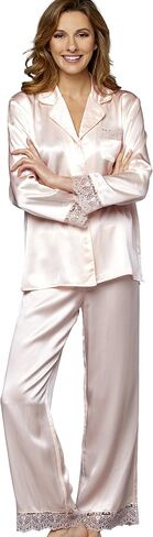 100% Silk Pajama, Lace Trim, Drawstring Waist, Relaxed Fit, Sleep-In in Kuwait