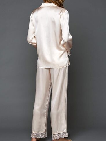 100% Silk Pajama, Lace Trim, Drawstring Waist, Relaxed Fit, Sleep-In in Kuwait
