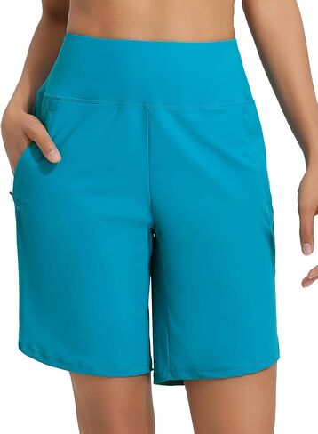 BALEAF Women's 9" Long Swim Board Shorts with Zipper Pockets High Waisted Tummy Control Beach Shorts with Liner in Saudi Arabia