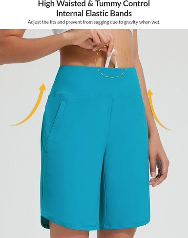 BALEAF Women's 9" Long Swim Board Shorts with Zipper Pockets High Waisted Tummy Control Beach Shorts with Liner in Saudi Arabia