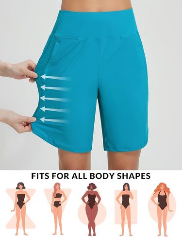 BALEAF Women's 9" Long Swim Board Shorts with Zipper Pockets High Waisted Tummy Control Beach Shorts with Liner in Saudi Arabia