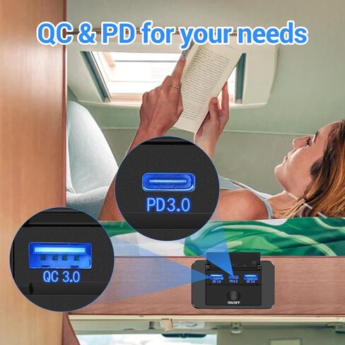 2 حزمة من 3 منافذ RV USB مع غطاء، 12 فولت/24 فولت لوحة شاحن مقبس USB للسيارة مع مفتاح PD3.0 نوع C وشحن سريع مزدوج QC3.0 USB للسيارات والشاحنات والقوارب والشاحنات والحافلات in Saudi Arabia