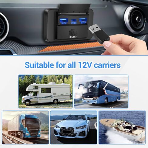 2 حزمة من 3 منافذ RV USB مع غطاء، 12 فولت/24 فولت لوحة شاحن مقبس USB للسيارة مع مفتاح PD3.0 نوع C وشحن سريع مزدوج QC3.0 USB للسيارات والشاحنات والقوارب والشاحنات والحافلات in Saudi Arabia
