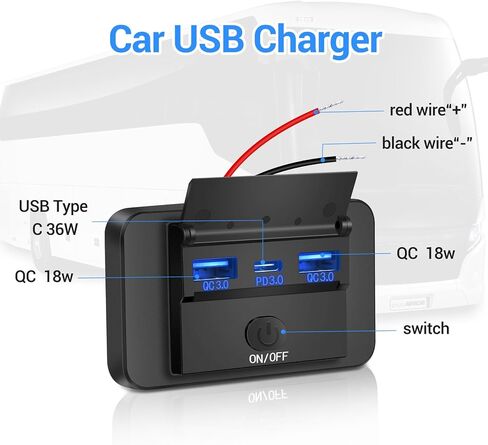 2 حزمة من 3 منافذ RV USB مع غطاء، 12 فولت/24 فولت لوحة شاحن مقبس USB للسيارة مع مفتاح PD3.0 نوع C وشحن سريع مزدوج QC3.0 USB للسيارات والشاحنات والقوارب والشاحنات والحافلات in Saudi Arabia