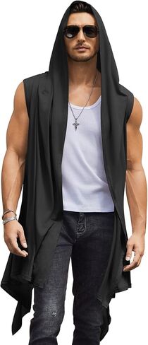 COOFANDY Men's Long Hooded Cardigan Sleeveless Ruffle Shawl Collar Lightweight Open Front Drape Kimono Vest in Kuwait