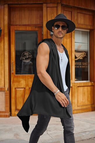 COOFANDY Men's Long Hooded Cardigan Sleeveless Ruffle Shawl Collar Lightweight Open Front Drape Kimono Vest in Kuwait