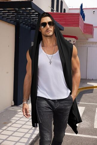 COOFANDY Men's Long Hooded Cardigan Sleeveless Ruffle Shawl Collar Lightweight Open Front Drape Kimono Vest in Kuwait