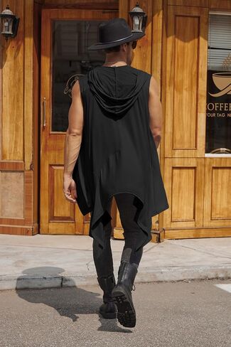 COOFANDY Men's Long Hooded Cardigan Sleeveless Ruffle Shawl Collar Lightweight Open Front Drape Kimono Vest in Kuwait