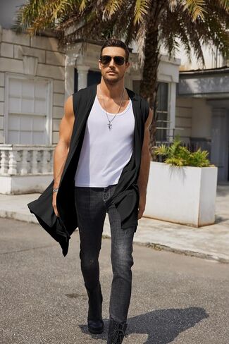 COOFANDY Men's Long Hooded Cardigan Sleeveless Ruffle Shawl Collar Lightweight Open Front Drape Kimono Vest in Kuwait