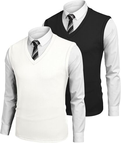 COOFANDY Mens V Neck Sweater Vest 2 Pack Casual Sleeveless Pullover Thermal Shirts Solid Plain Fine Knit Sweater Vests Fleece in Saudi Arabia