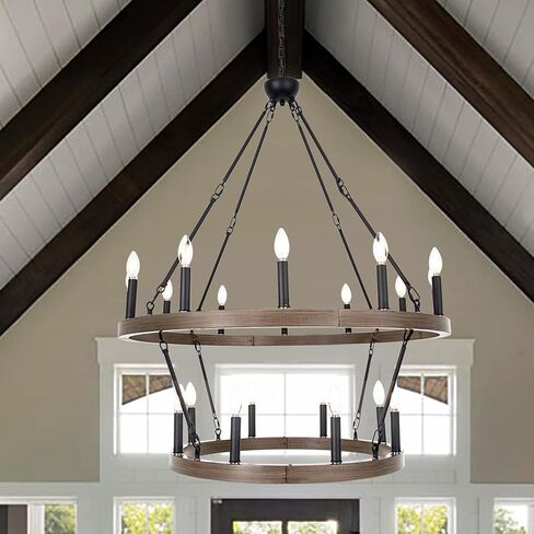 Wellmet Large Dining Room Chandelier, Black 2 Tier Wagon Wheel Vintage Chandelier, Farmhouse Round High Ceiling Light Fixture, Industrial Pendant Light Fixture, Hallway Chandelier, 50 Inch Dia in Saudi Arabia