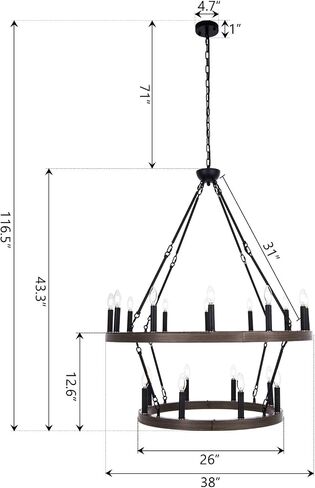 Wellmet Large Dining Room Chandelier, Black 2 Tier Wagon Wheel Vintage Chandelier, Farmhouse Round High Ceiling Light Fixture, Industrial Pendant Light Fixture, Hallway Chandelier, 50 Inch Dia in Saudi Arabia
