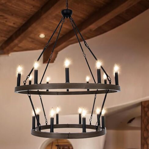 Wellmet Large Dining Room Chandelier, Black 2 Tier Wagon Wheel Vintage Chandelier, Farmhouse Round High Ceiling Light Fixture, Industrial Pendant Light Fixture, Hallway Chandelier, 50 Inch Dia in Saudi Arabia