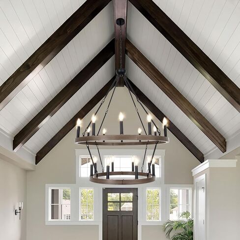 Wellmet Large Dining Room Chandelier, Black 2 Tier Wagon Wheel Vintage Chandelier, Farmhouse Round High Ceiling Light Fixture, Industrial Pendant Light Fixture, Hallway Chandelier, 50 Inch Dia in Saudi Arabia