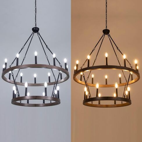 Wellmet Large Dining Room Chandelier, Black 2 Tier Wagon Wheel Vintage Chandelier, Farmhouse Round High Ceiling Light Fixture, Industrial Pendant Light Fixture, Hallway Chandelier, 50 Inch Dia in Saudi Arabia
