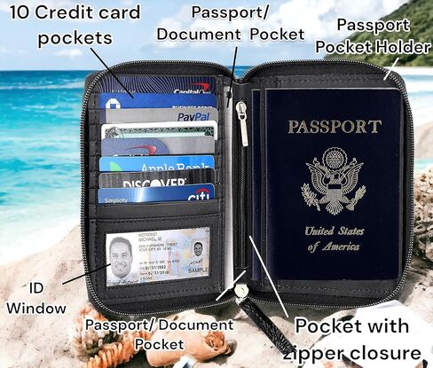 محفظة جواز السفر - حامل مستندات السفر مع خاصية حجب RFID - جلد محبب بالكامل - محفظة بسحاب مدمج ثنائي الطي حول المحفظة مع فتحات لبطاقة الائتمان للنساء والرجال، بني متعثر، 500-30 in Kuwait