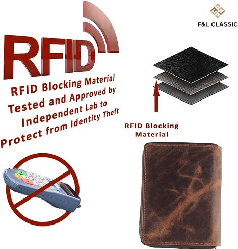 محفظة جواز السفر - حامل مستندات السفر مع خاصية حجب RFID - جلد محبب بالكامل - محفظة بسحاب مدمج ثنائي الطي حول المحفظة مع فتحات لبطاقة الائتمان للنساء والرجال، بني متعثر، 500-30 in Saudi Arabia