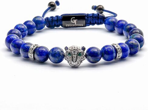 أساور مطرزة بنقش النمر مصنوعة يدويًا للرجال من مجموعة جي تي - أساور من الحجر الطبيعي - سوار رجالي مع خرزة النمر من الفولاذ المقاوم للصدأ، وسلك قابل للتعديل، وأحجار كريمة قوية in Kuwait