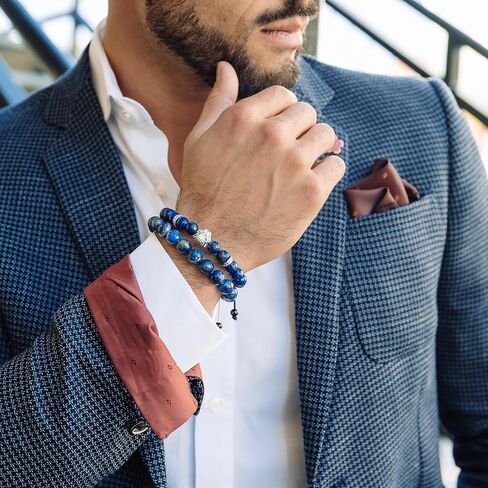 أساور مطرزة بنقش النمر مصنوعة يدويًا للرجال من مجموعة جي تي - أساور من الحجر الطبيعي - سوار رجالي مع خرزة النمر من الفولاذ المقاوم للصدأ، وسلك قابل للتعديل، وأحجار كريمة قوية in Kuwait