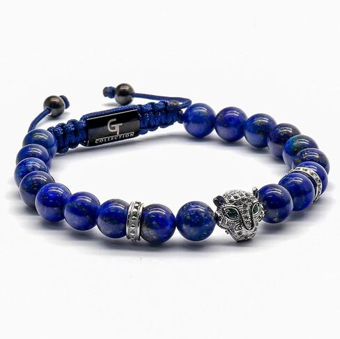 أساور مطرزة بنقش النمر مصنوعة يدويًا للرجال من مجموعة جي تي - أساور من الحجر الطبيعي - سوار رجالي مع خرزة النمر من الفولاذ المقاوم للصدأ، وسلك قابل للتعديل، وأحجار كريمة قوية in Kuwait