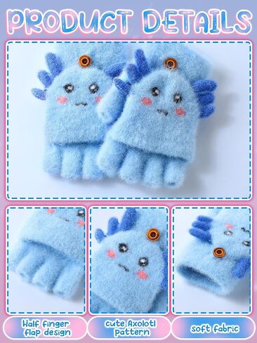 Geyoga 6 Pairs Axolotl Kids Fingerless Gloves Christmas Convertible Flip Top Gloves Convertible Mittens for 7-12 Boys Girls in Saudi Arabia