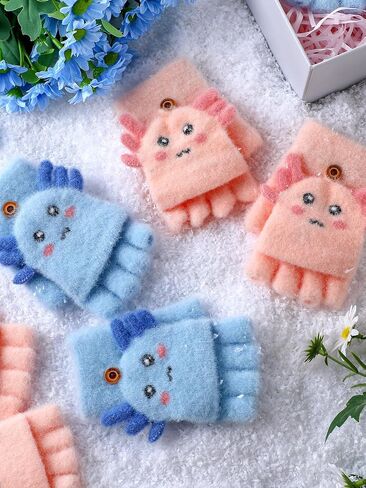 Geyoga 6 Pairs Axolotl Kids Fingerless Gloves Christmas Convertible Flip Top Gloves Convertible Mittens for 7-12 Boys Girls in Saudi Arabia