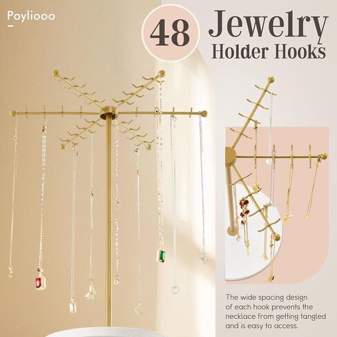 Necklace Holder Jewelry Stand, Rotating Necklace Holder Organizer with 48 Hooks for Necklace Earring Keychains Bracelet Display Stand, Metal Necklace Tree Stand -Christmas Gifts (Gold) in Saudi Arabia
