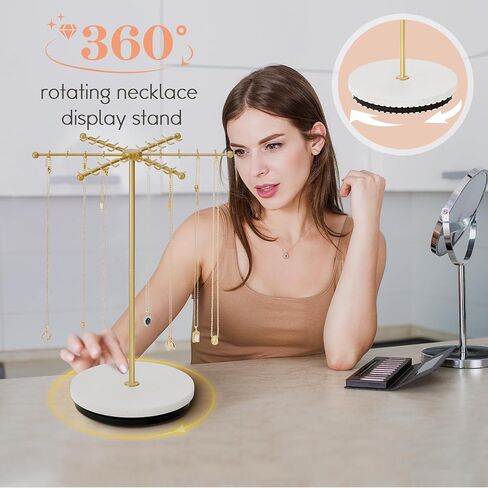 Necklace Holder Jewelry Stand, Rotating Necklace Holder Organizer with 48 Hooks for Necklace Earring Keychains Bracelet Display Stand, Metal Necklace Tree Stand -Christmas Gifts (Gold) in Saudi Arabia