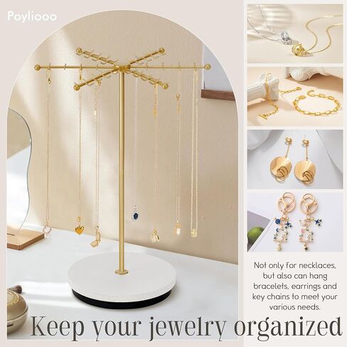 Necklace Holder Jewelry Stand, Rotating Necklace Holder Organizer with 48 Hooks for Necklace Earring Keychains Bracelet Display Stand, Metal Necklace Tree Stand -Christmas Gifts (Gold) in Saudi Arabia